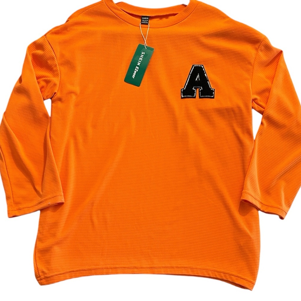 🎃5/$25 SHEIN collegiate varsity puffy letter waffle knit shirt NEW Orange